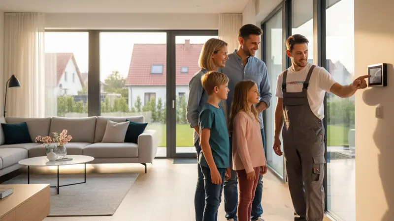 Heizungstechniker erklärt einer Familie die Bedienung ihrer neuen Wärmepumpe