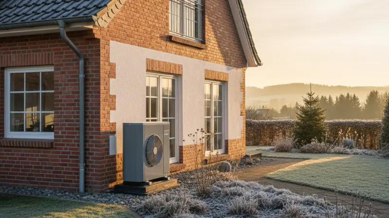 Modernes Wärmepumpen-Außengerät neben einem Einfamilienhaus mit Garten