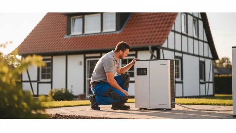 Heizungstechniker bei der Inbetriebnahme einer modernen Wärmepumpe am Einfamilienhaus