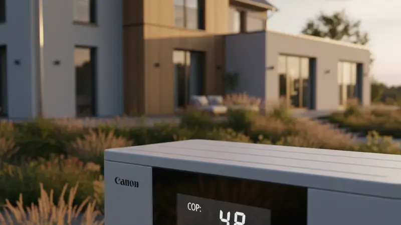 Display einer modernen Wärmepumpe mit COP- und Effizienzanzeige