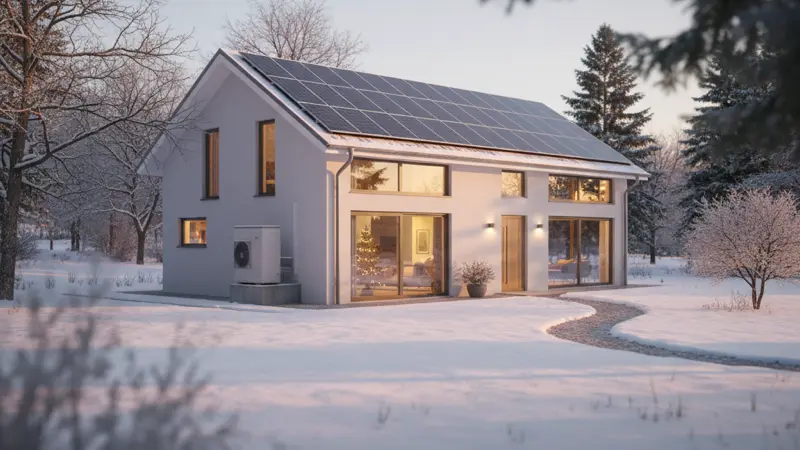 Energieeffizientes Haus mit Solaranlage und Wärmepumpe im Winter