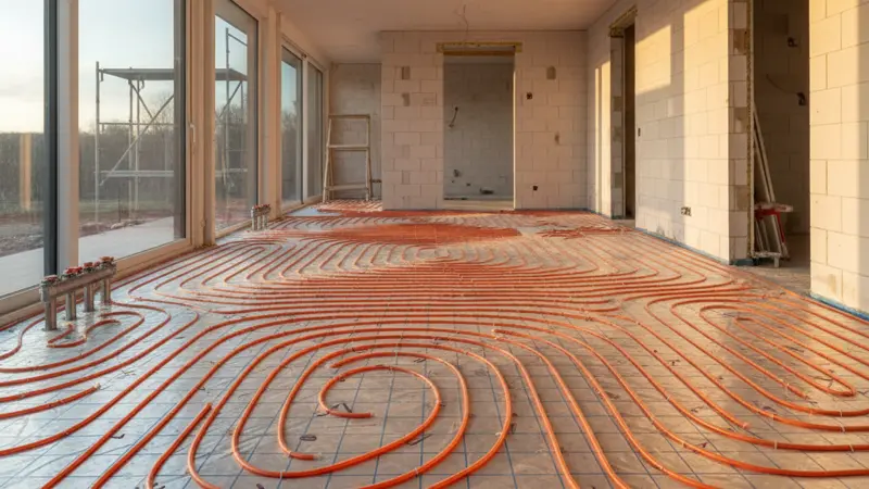 Fußbodenheizung Installation mit sichtbaren Heizrohren in einem Neubau