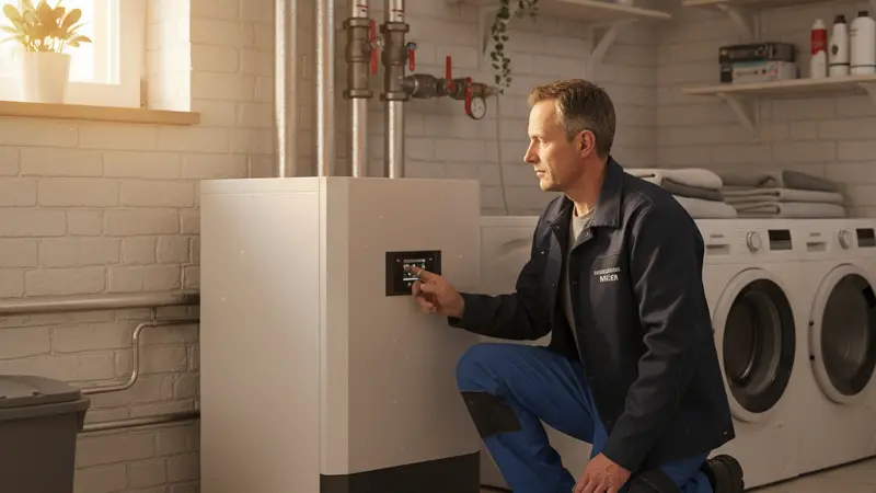 Fachmann optimiert die Einstellungen einer Wärmepumpe am Bedienpanel