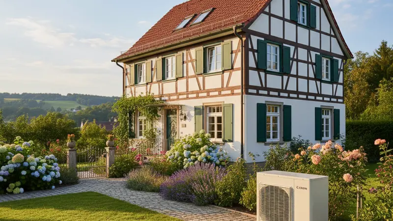 Moderne Wärmepumpe vor einem Einfamilienhaus mit Garten