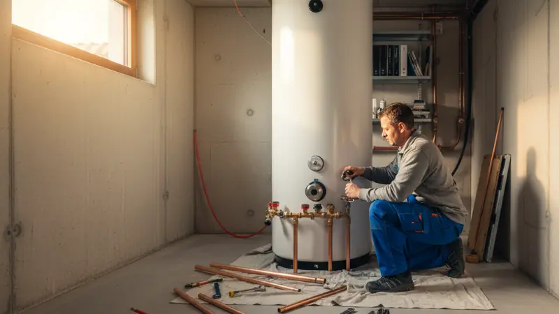 Heizungsmonteur installiert einen weißen Kombispeicher im Keller eines Einfamilienhauses