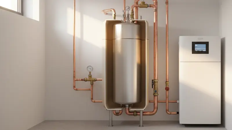 Qürschnitt eines Kombispeichers für Wärmepumpen mit innerem Trinkwasserbehälter und äußerem Pufferspeicher