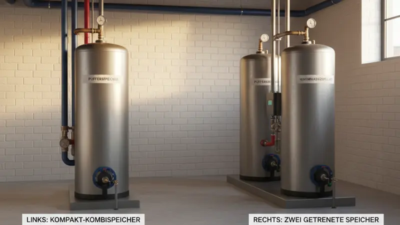 Vergleich zwischen einem kompakten Kombispeicher und zwei separaten Speichern im Heizungskeller