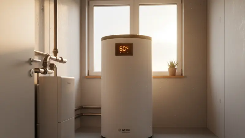 Temperaturanzeige eines Warmwasserspeichers zeigt 60 Grad Celsius an