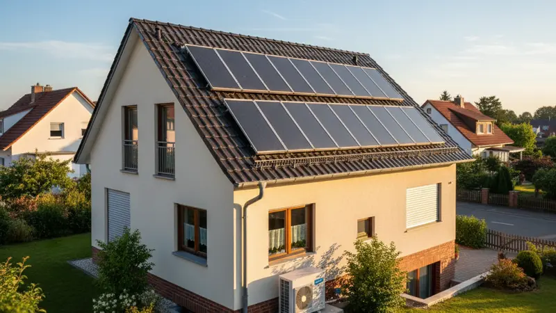 Solarthermie-Kollektoren auf einem deutschen Hausdach neben einer Wärmepumpen-Außeneinheit