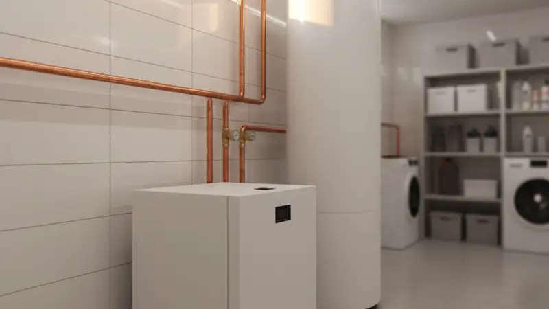 Moderner Heizungskeller mit Wärmepumpe und Kombispeicher in einem deutschen Einfamilienhaus
