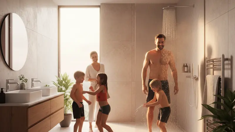 Familie geniesst zuverlässige Warmwasserversorgung dank Kombispeicher und Wärmepumpe