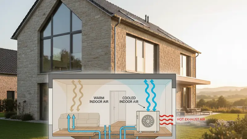 Schema der aktiven Kühlung mit einer Wärmepumpe im Umkehrbetrieb