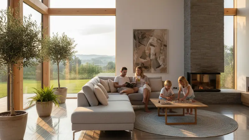 Modernes Wohnzimmer mit Fußbodenheizung im Kühlmodus