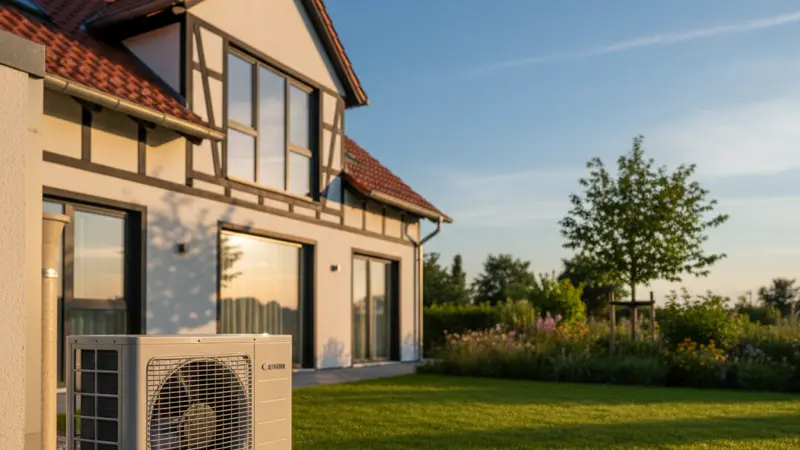 Moderne Wärmepumpe neben einem Einfamilienhaus im Sommer mit grünem Garten