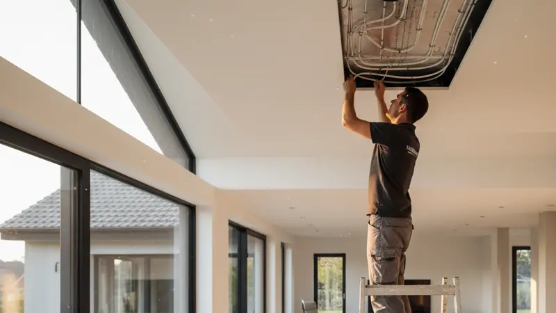 Fachhandwerker installiert eine Kühldecke in einem Einfamilienhaus