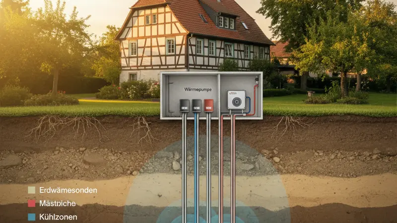 Schematische Darstellung der passiven Kühlung über Erdwärmesonden