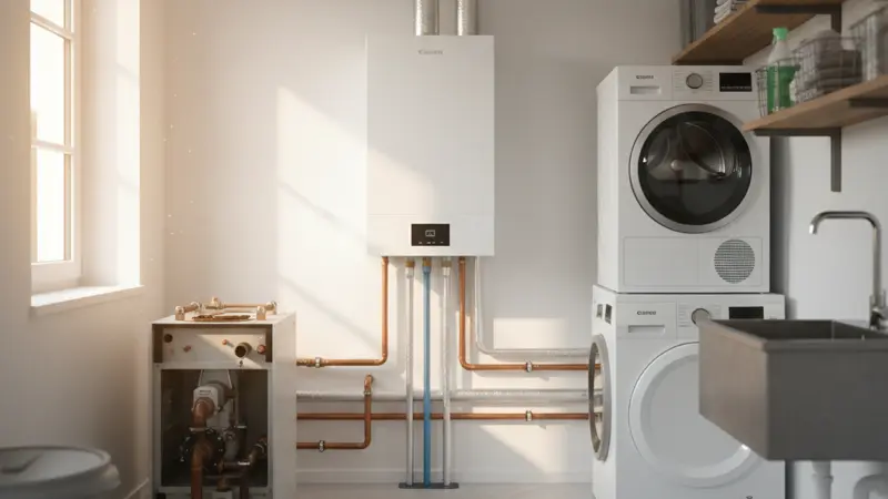 Moderner Heizungskeller mit neuer Wärmepumpe nach Sanierung