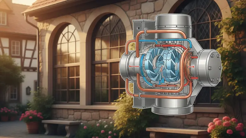 Technische Darstellung eines Wärmepumpen-Kompressors mit sichtbaren Bauteilen