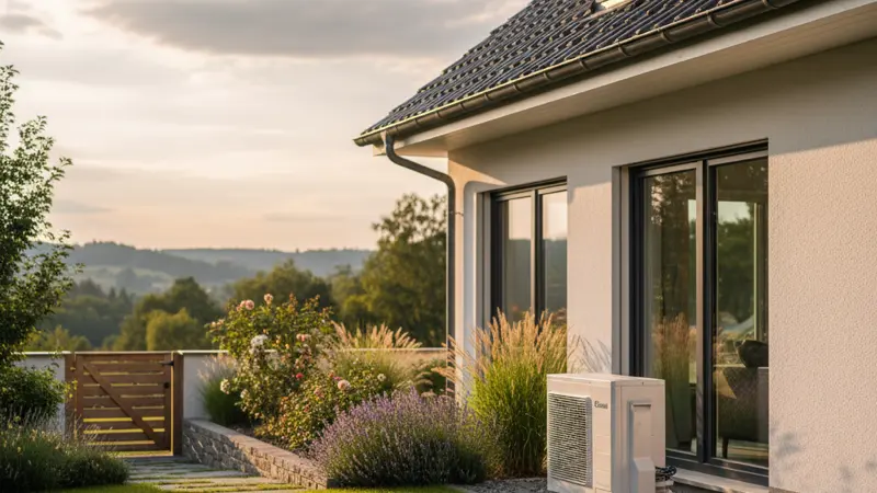 Moderne Luft-Wasser-Wärmepumpe vor einem Einfamilienhaus mit gepflegtem Garten