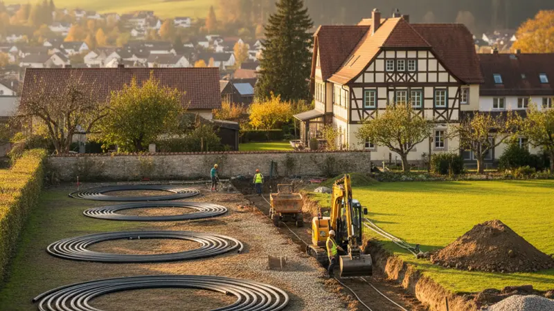 Erdkollektor einer Sole-Wasser-Wärmepumpe im Garten eines Einfamilienhauses