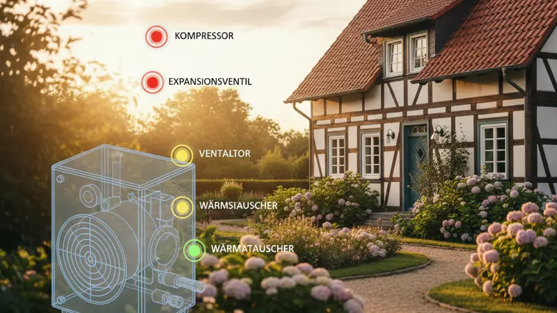 Infografik der Verschleißteile einer Wärmepumpe mit Lebensdauer-Angaben