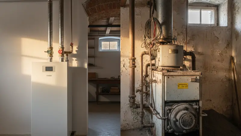 Vergleich einer modernen Wärmepumpe mit einer alten Gasheizung nebeneinander