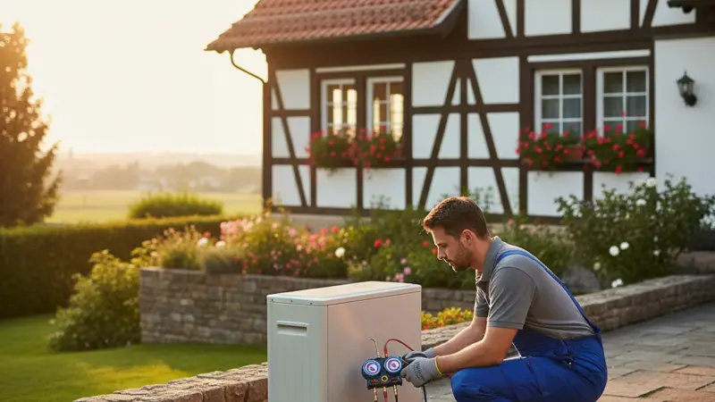 Fachkraft bei der professionellen Wartung einer Wärmepumpe mit Messgerät