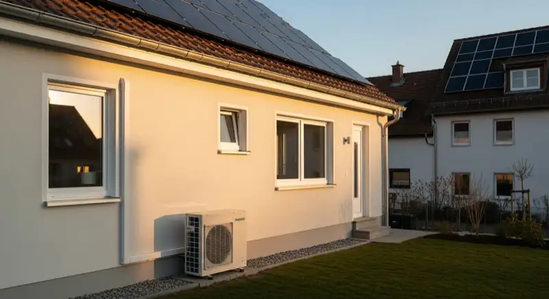Modernisiertes deutsches Altbauhaus mit unbeschriftetem Wärmepumpen-Außengerät an der Seitenwand