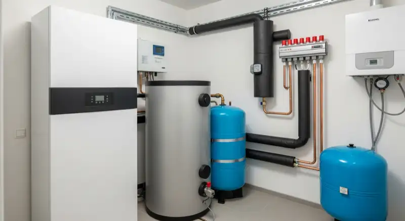 Sauber installierte Wärmepumpen-Inneneinheit mit Speicher in einem hellen Hauswirtschaftsraum