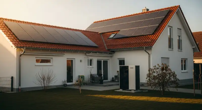 Deutsches Einfamilienhaus mit Solarmodulen auf dem Dach und unbeschrifteter Wärmepumpe im Garten