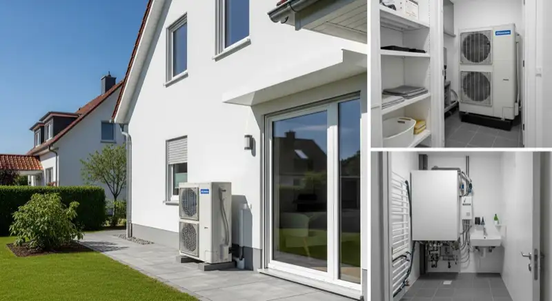 Wärmepumpe an einem deutschen Einfamilienhaus mit sauberer technischer Installation