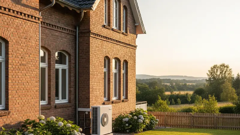 Luft-Wasser-Wärmepumpe vor einem modernisierten Altbau-Einfamilienhaus mit gepflegtem Garten