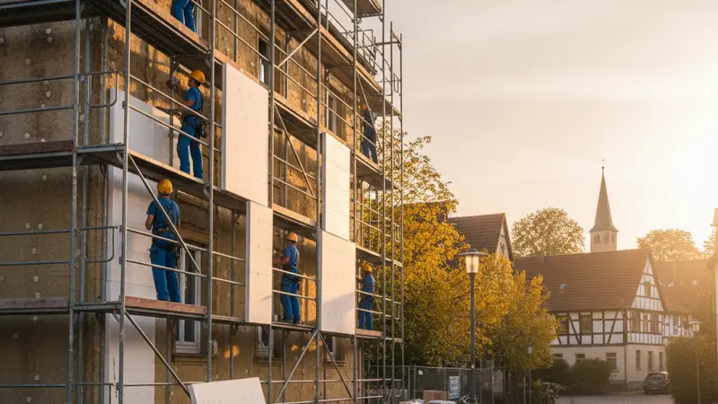 Handwerker bringt Außenwanddämmung an einem Altbau-Einfamilienhaus an, WDVS-System
