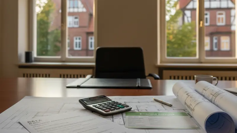 BAFA Förderantrag auf Schreibtisch mit Taschenrechner und Energieausweis für Wärmepumpen-Nachrüstung