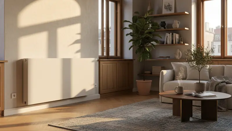 Moderne Niedrigtemperatur-Heizkörper in einem renovierten Altbau-Wohnzimmer mit Holzboden