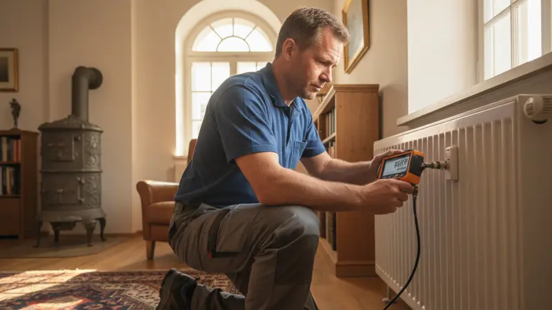 SHK-Fachhandwerker führt hydraulischen Abgleich an Heizkörper-Thermostatventil durch