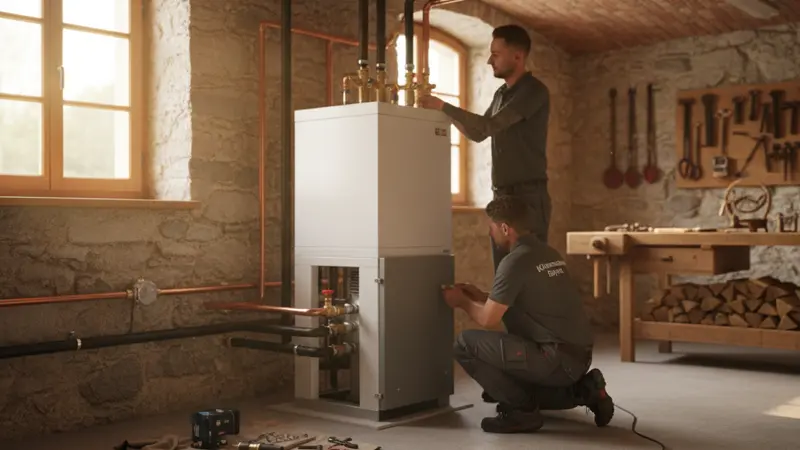 SHK-Fachhandwerker installiert Wärmepumpen-Innengerät im Keller eines Einfamilienhauses mit Rohrleitungen