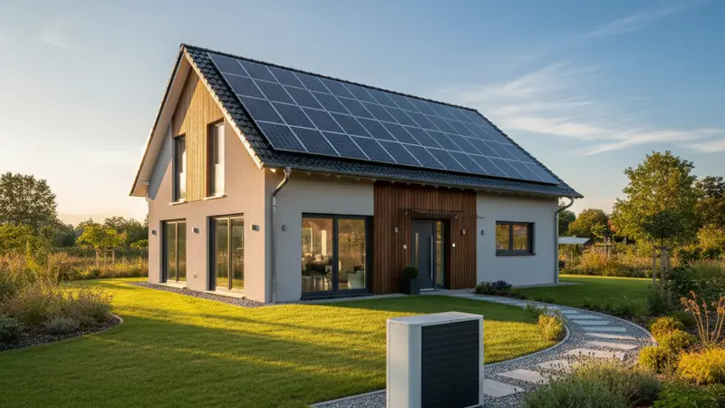 Einfamilienhaus mit Solaranlage auf dem Dach und Wärmepumpe neben dem Haus im Garten