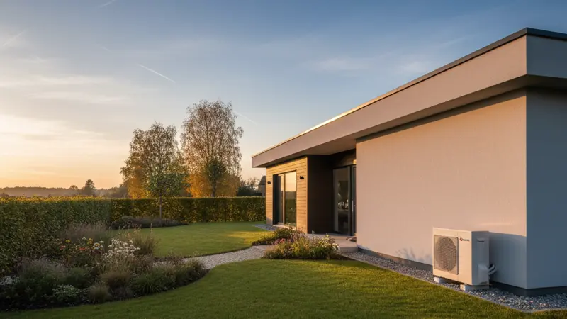 Modernes Einfamilienhaus im Neubau mit weißer Luft-Wasser-Wärmepumpe an der Hauswand