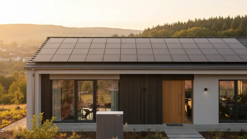 KfW-Effizienzhaus 40 mit Solaranlage auf dem Dach und Wärmepumpe im Vorgarten