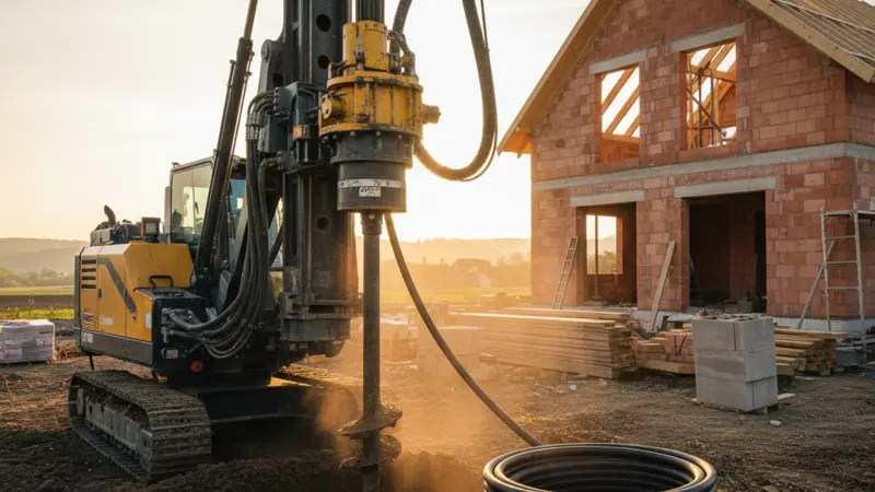 Erdsondenbohrung für eine Sole-Wasser-Wärmepumpe auf einer Neubau-Baustelle
