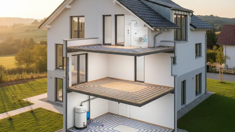 Querschnitt eines Neubaus mit Fussbodenheizung und Wärmepumpe im Technikraum
