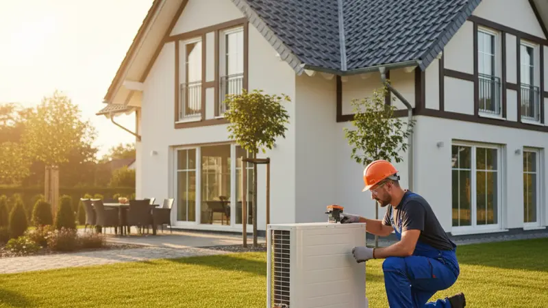 Heizungstechniker installiert eine Wärmepumpe an einem Neubau