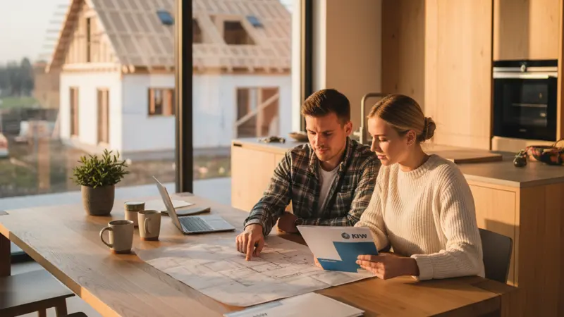 Junges Paar plant den Hausbau mit Unterlagen zur Wärmepumpe und Förderung