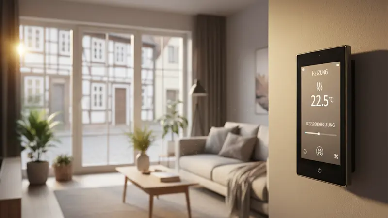 Smart-Home-Thermostat zeigt Wärmepumpen-Steuerung im modernen Wohnzimmer
