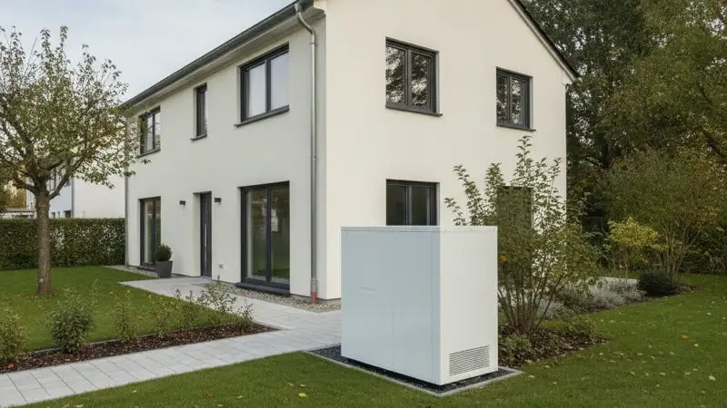 Saniertes deutsches Einfamilienhaus mit unbeschrifteter Wärmepumpe im Garten