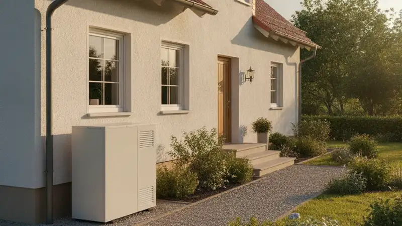 Unbeschriftete Wärmepumpe neben einem deutschen Einfamilienhaus