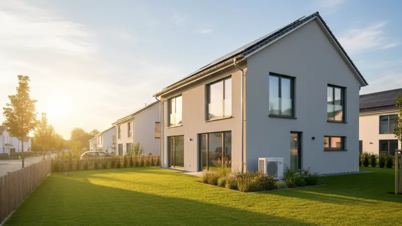 Modernes Passivhaus mit kompakter Wärmepumpe im Garten und Solaranlage auf dem Dach