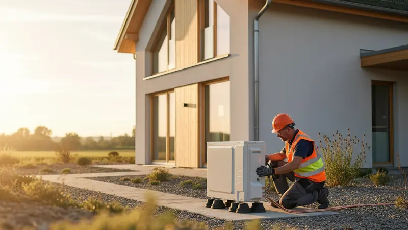 Fachkraft installiert eine kompakte Wärmepumpe neben einem modernen Passivhaus
