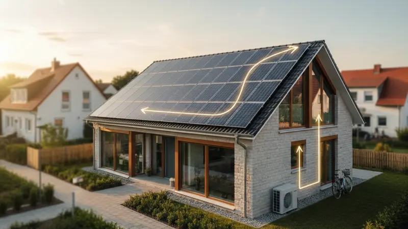 Passivhaus mit Solaranlage auf dem Dach und Energiefluss-Diagramm
